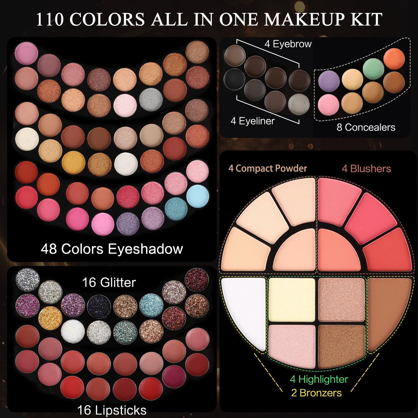 110 Colors Makeup Kit for Women Girl Full Kit Gift Set with Mirror All in One Make up Palette Included Eyeshadow Glitter Lipstick Concealer Eyeliner Eyebrow Highlighter Contour Blusher Compact PowderY