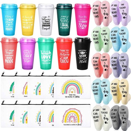 Funnymoom 30 Pieces Teacher Gifts Bulk,Graduation Back to School Day Appreciation Week Gift 16oz Plastic Coffee Tumbler with Lids Teacher Makeup Bags Crew Socks for Women Coworker