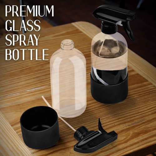 LIQVAL 16oz Empty Glass Spray Bottle with Silicone Sleeve Protection - Refillable Containers for Cleaning Solutions, Essential Oils, Misting Plants - Including 2 Sprayers (Clear, 1 PACK)