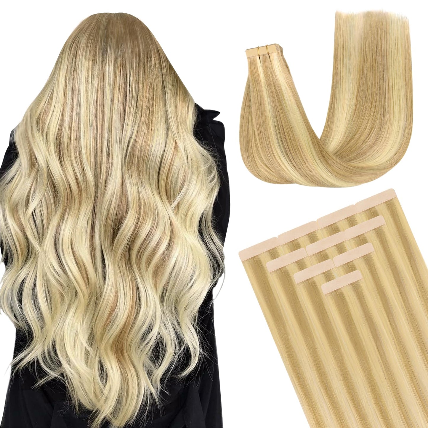 DOORES Tape in Hair Extensions Human Hair, 10pcs 25g 14 Inch Drity Blonde Highlight Golden Blonde, Human Hair Extensions Natural Hair Extensions Seamless Straight