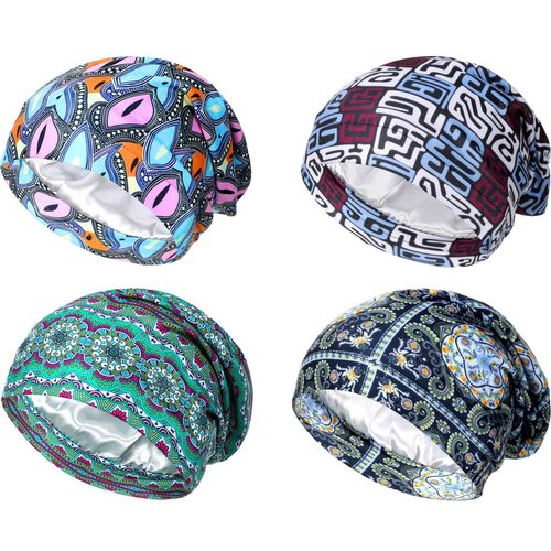 Geyoga 4 Pcs Women's Chemo Hat Slouchy Beanie Cancer Headwear Head Wraps Sleeping Turban Hats Head Scarf for Cancer Patient(Blue Lattice, Green Stripe, Blue and Pink, Navy)