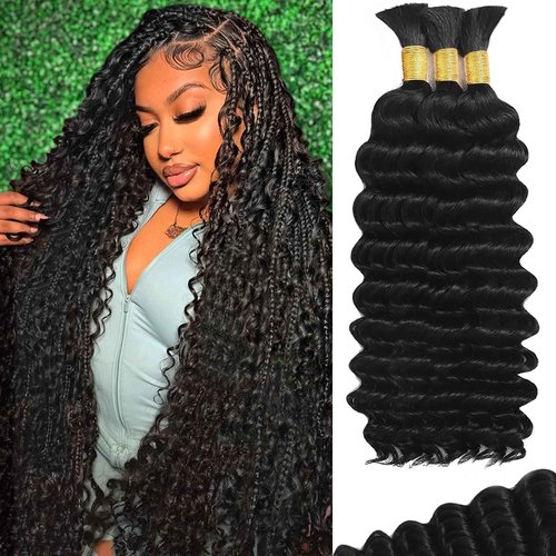 Human Braiding Hair for Boho Braids 120g 12A Deep Water Wave Bulk Human Hair Knotless Boho Braiding Curly 100% Virgin No Weft Extensions Bohemian Braids 3 Bundles/Pack Natural Color 14 Inch