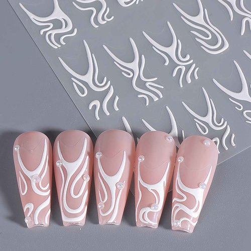 4Pcs White Swirls Lines Nail Stickers 5D Micro-Embossed Fantasy Wave Nail Art Stickers Abstract Lines Nail Decals Simple Design for Women Girls Daily Manicure French Embossed Engraved Nail Decorations