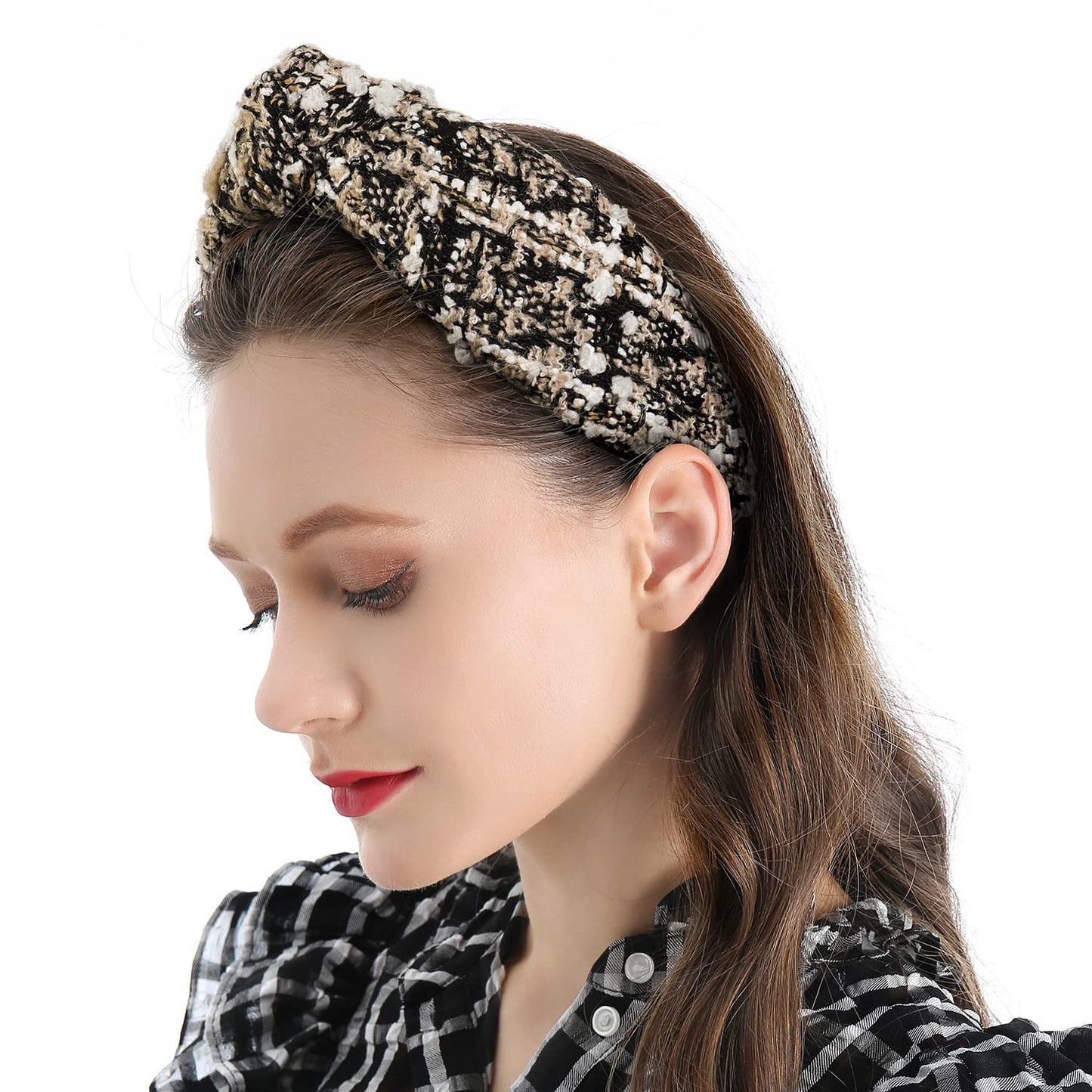 QIANXUAN Black Fabric Headbands For Women Top Knotted Headbands For Women Top Knot Headband Plaid Elegant Twill Woolen Cloth Hairband Classic Houndstooth Hair Accessories Girls