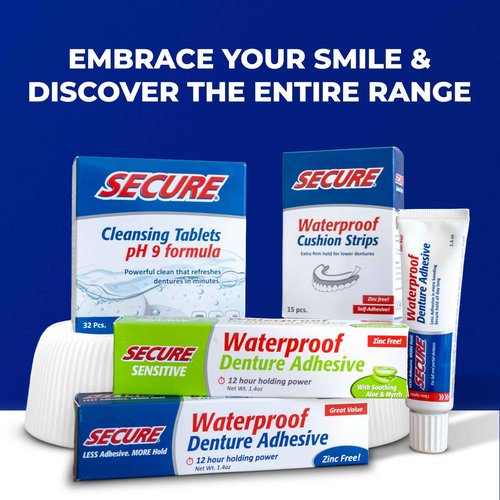 Secure Waterproof Denture Adhesive - Zinc Free - Extra Strong Hold For Upper, Lower or Partials - 1.4 oz (Pack of 5)