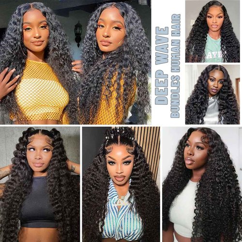 Deep Wave Bundles Human Hair 18 Inch 1 Bundle Human Hair 12A 100% Unprocessed Brazilian Virgin Hair Curly Weave Bundles Real Human Hair Extensions Natural Black