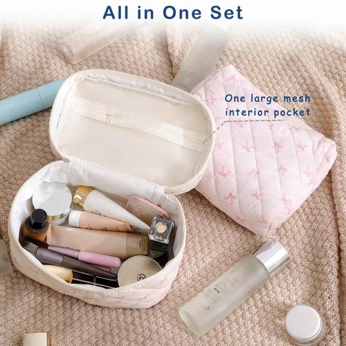 RSRSLEII 3Pcs Aesthetic Cotton Quilted Drawstring Makeup Bag Set, Aesthetic Cute Bow Makeup Pouch for Girls and Women, Aesthetic Travel Organized Cosmetic Bags for Purse(01Bear)