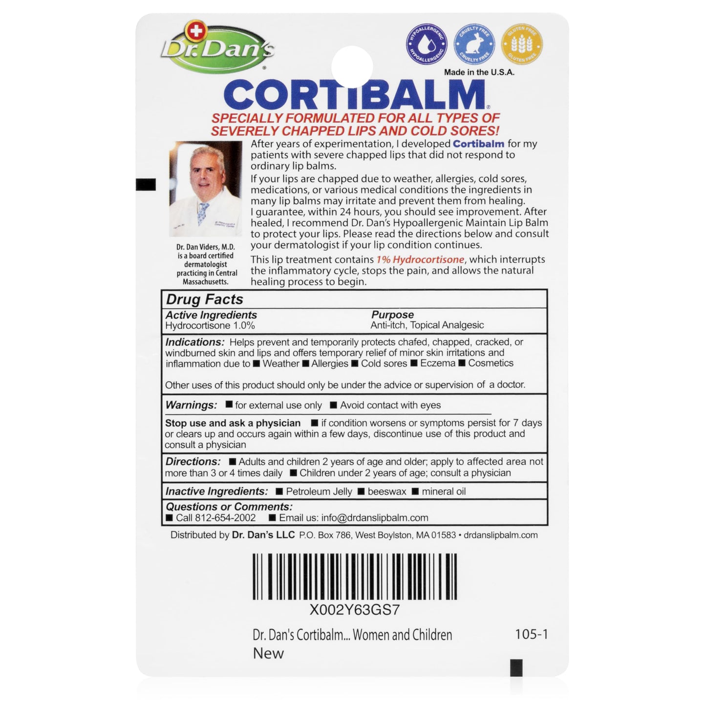 Dr. Dan's Cortibalm -8 pack-for Dry Cracked Lips - Healing Lip Balm for Severely Chapped Lips - Designed for Men, Women and Children