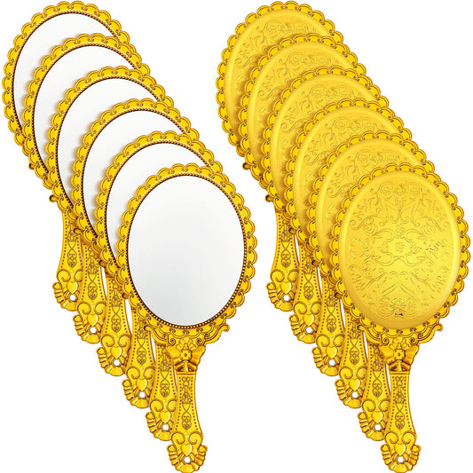 Qunclay 12 Pcs Vintage Handheld Mirror Embossed Mirror Portable Cute Hand Mirror Princess Mirror with Handle Small Compact Travel Mirror Makeup Mirror for Kids Girls Princess Party Favors (Gold)