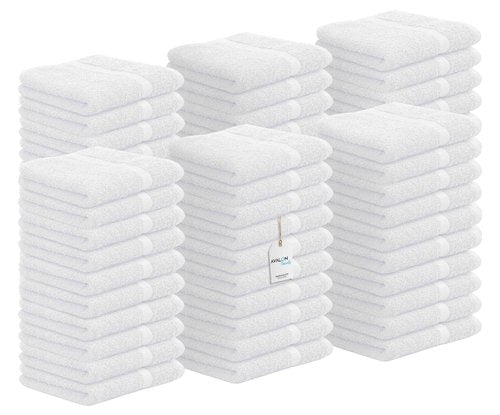 Avalon Towels Cotton Washcloths – (Pack of 60) Size 12x12 Inches, 100% Ring Spun Cotton, Soft & Absorbent Face Towels, Gym Towels, Hotel and Spa Quality, Reusable Fingertip Towels (White)