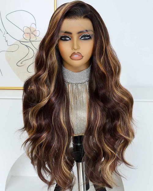 Ruiieea Highlight Synthetic Lace Front Wig 13x4 Lace Front Wig Honey Blonde Glueless Synthetic Body wave Lace Frontal Wig for Women 26 Inch