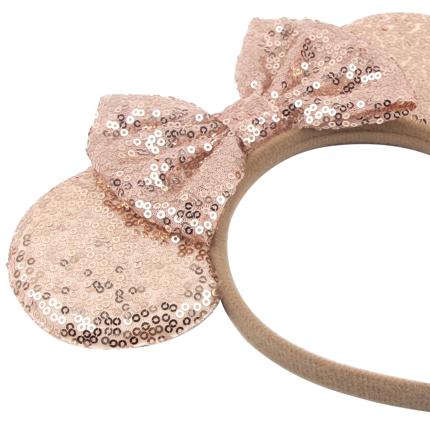 zhezesmila Shiny Mouse Ears Headband and Hair Clips, Glitter Party Princess Decoration with Pink Bow Hair Accessories for Girls Women Adult Kids Birthday Party Rosegold