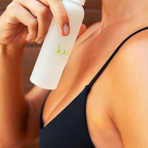 kai body glow, 4 Fl Oz, dry body oil with jojoba, chamomile, cucumber extracts, moisturizes and leaves a radiant glow with a fresh + clean fragrance, vegan, cruelty free, made in the usa