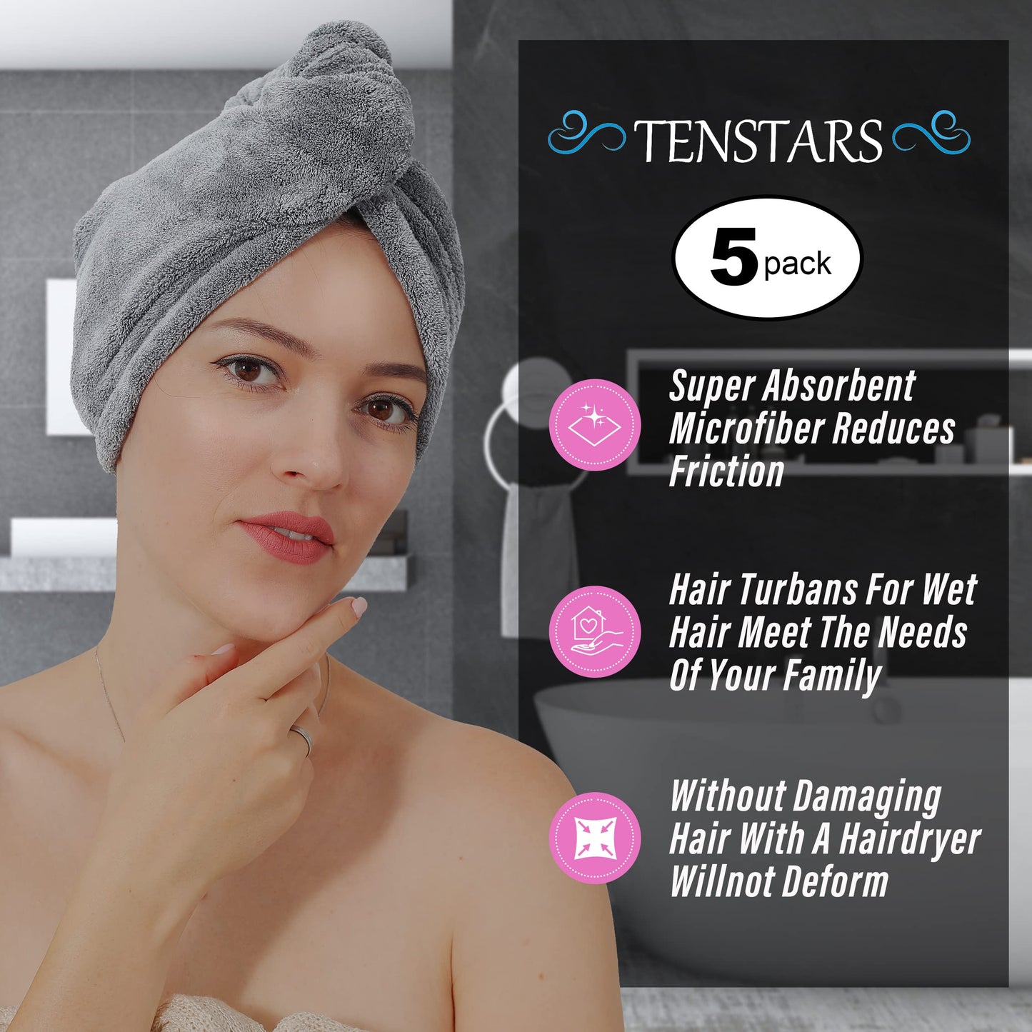 TENSTARS 5 Pack Thicken Microfiber Hair Towel Wrap for Women - Elastic Loop Design - 320GSM Coral Velvet - Quick Dry Hair Turban - 11x28 Inch (Aqua Green+Pink+Burgundy+Teal+Grey)