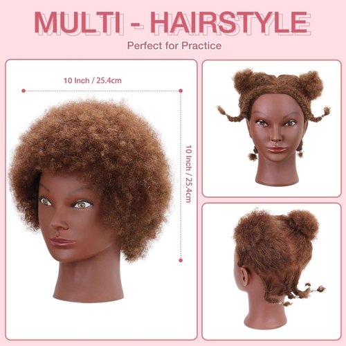 Afro Curly Mannequin Head with 100% Human Hair 10'' Cosmetology Manikin Doll Head for Hairdresser Braiding Practice Hairstyling with Free Clamp Holder-Brown