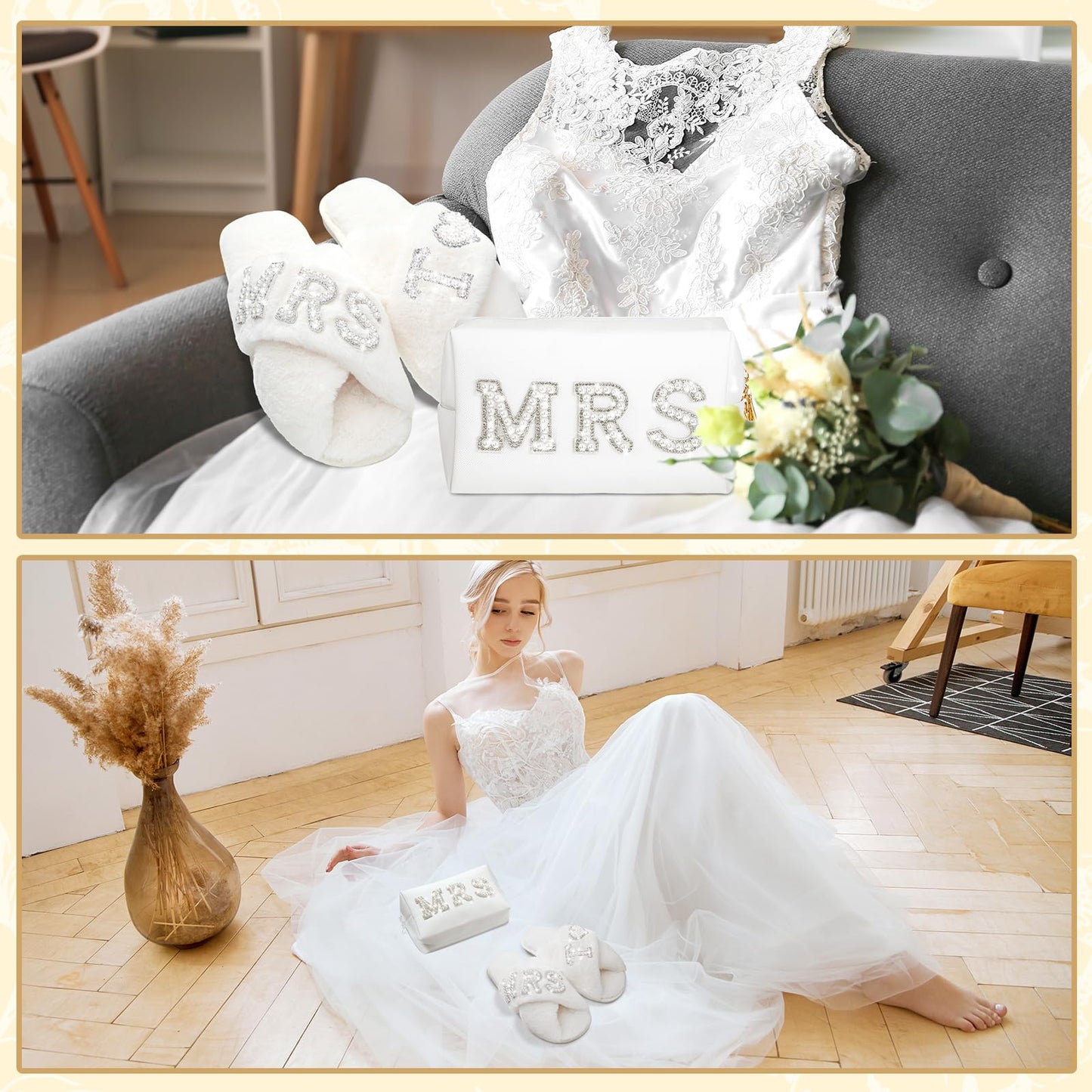 Xtinmee Personalized Initial Wedding Bride Slippers MRS Pearl Letter Makeup Bag Bridal Shower Gifts for Wedding Day (T)