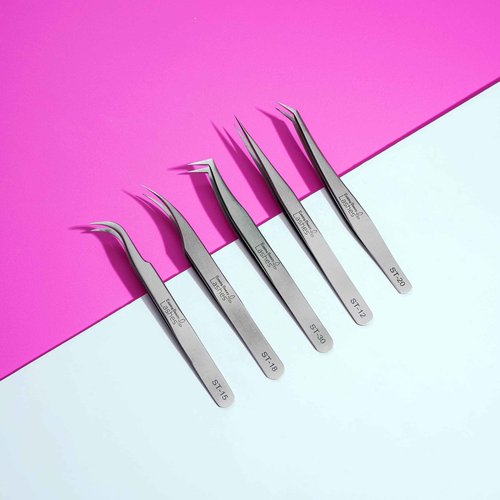 Eyelash Extension Tweezers - 5 PCS of Lash DIY Precision Set, Curved Volume Lash Tweezers - Cluster Application and Removal of Eye Lashes Extensions Stainless Steel