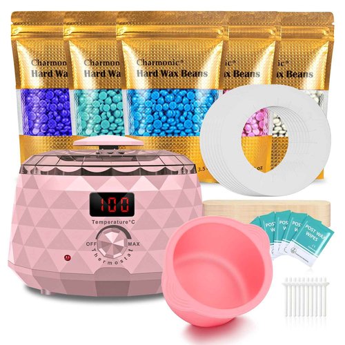 Charmonic Wax Warmer, Upgrade Digital Waxing Kit with Silicone Pot & 500g Hard Wax Beads for Whole Body Brazilian Bikini Legs Armpit Nose Hair Removal, Hot Wax Machine (Pink)