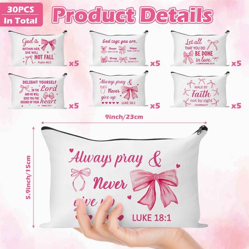 Y1tvei Bow Bible Cosmetic Bags - 30Pcs Pink Coquette Mini Bible Verse Makeup Bag with Zipper, White Canvas Large Capacity Cosmetic Bags Set Gifts Bulk for Women Girls Inspirational Church Party Favors