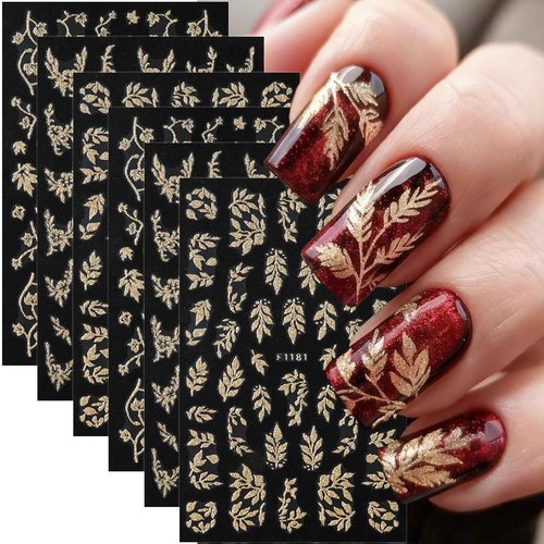 6 Sheets Fall Nail Stickers for Nail Art Gold Glitter Flower Leaf Nail Decals 3D Self-Adhesive Autumn Thanksgiving Nail Decals Fall Leaves Nail Decoration for Women DIY Manicure Nails Supplies