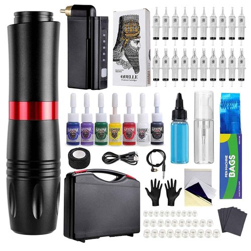 HAWINK Tattoo Pen Kit Rotary Gun Machine with Tattoo Power Supply 20Pcs Cartridge 7 inks 154KITP199-1