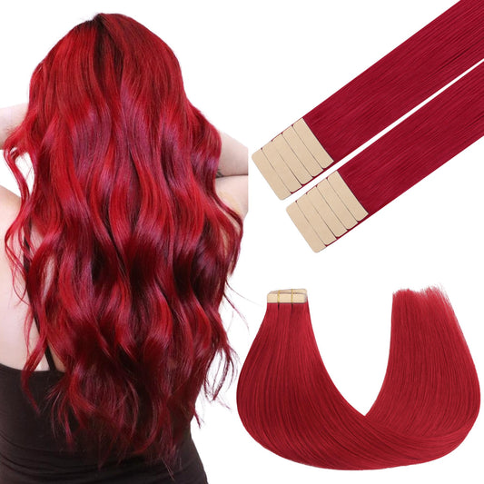 GOO GOO Tape in Hair Extensions Human Hair, Red, 18inch 25g 10pcs, Colored Tape ins Human Hair Extensions, Silky&Soft Invisible Tape Ins, Hair Highlighted for Party