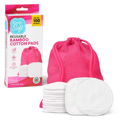Simply Soft Reusable Cotton Rounds, 14 Count, Makeup Remover Pads for All Skin Types, Sustainable, Minimizes Waste, Dermatologically Tested (7 Rounds and 7 Squares with 1 Washable Mesh Bag)