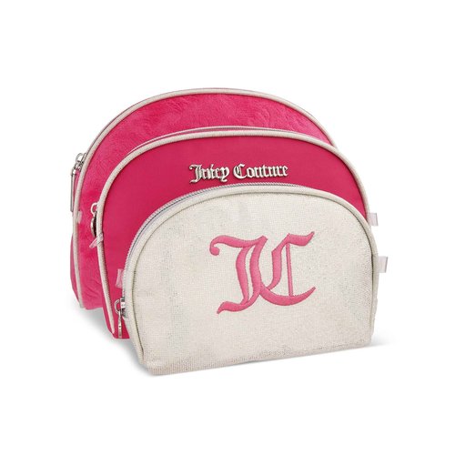 Juicy Couture White Pink Makeup Bag Cosmetics Organizer Travel Essentials Clutch Coin Purse Textured Three Piece Set