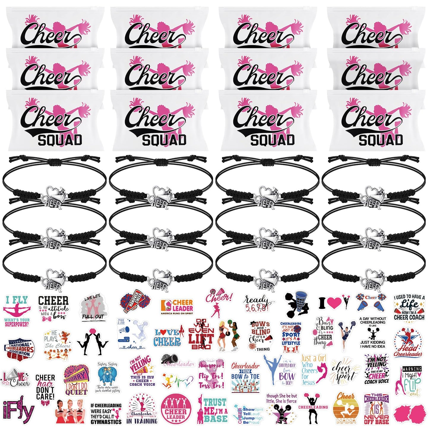 74 Pack Cheerleader Gifts Tenins Gift Set - 12 Cheer Makeup Bag 12 Adjustable Cheer Bracelets 50 Cheerleading Stickers for Cheer Team Party Favors Girls Cheerleader Christmas Gifts