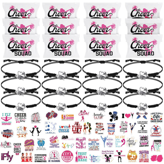 74 Pack Cheerleader Gifts Tenins Gift Set - 12 Cheer Makeup Bag 12 Adjustable Cheer Bracelets 50 Cheerleading Stickers for Cheer Team Party Favors Girls Cheerleader Christmas Gifts