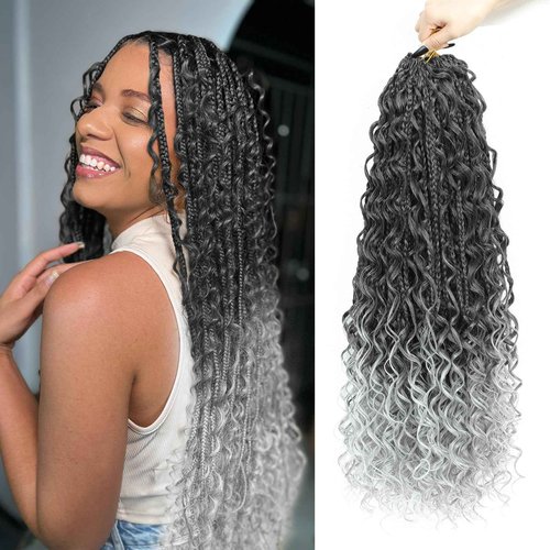 LIYATE 24 Inch Grey Crochet Hair for Women 7 Packs Goddess Box Braids Crochet Hair Pre Looped Synthetic Bohomian Crochet Braids with Curly Ends Braiding Hair Extensions, 1B/Gray
