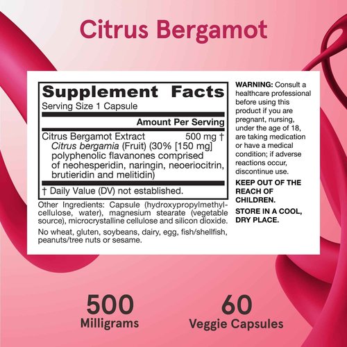 Jarrow Formulas Citrus Bergamot 500 mg - 60 Servings (Veggie Caps) - Antioxidant Support for Cardiovascular & Metabolic Health - Dietary Supplement - Gluten Free - Use QH-Absorb