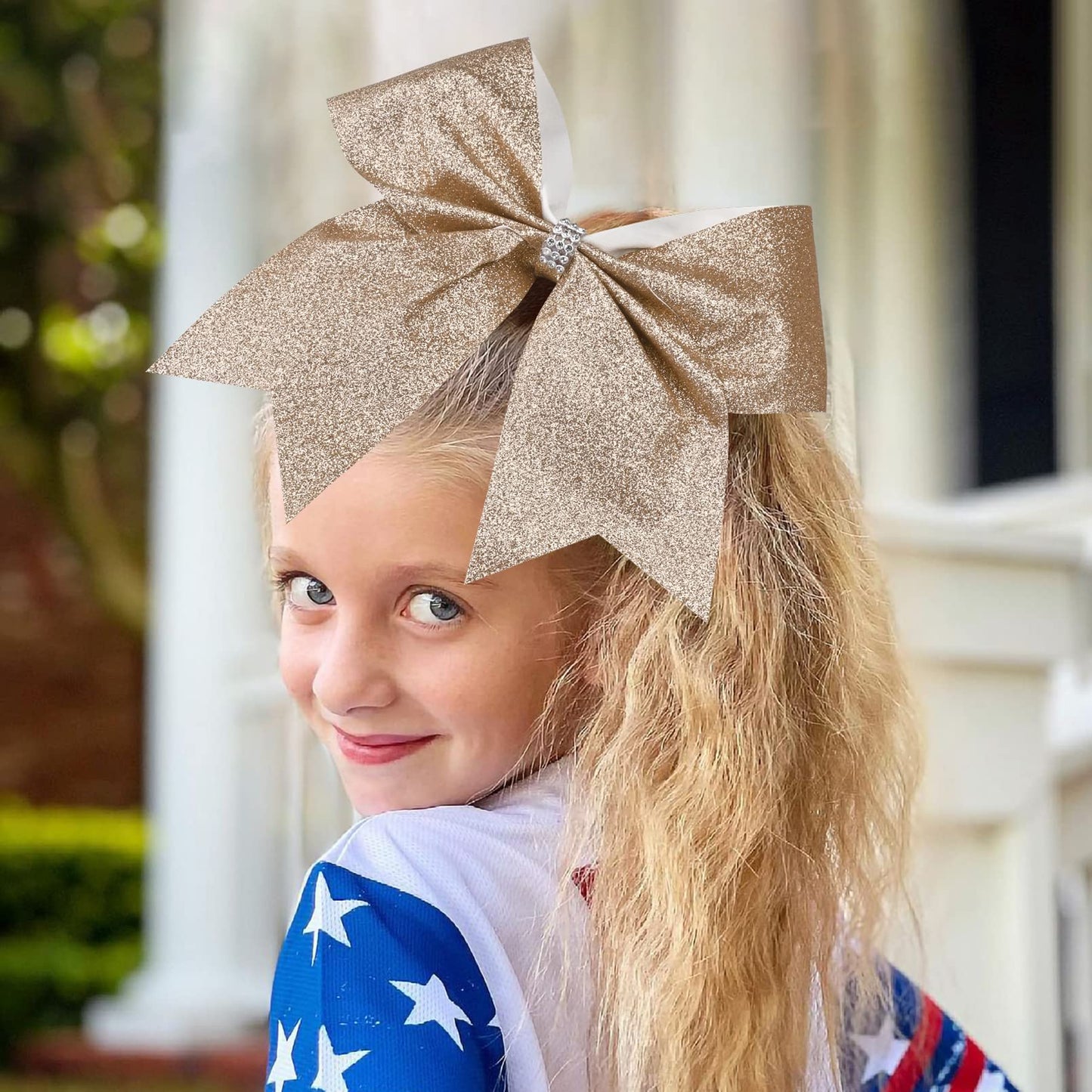 12 PCS Large Glitter Cheer Bows Gold Rhinestones 8" Sparkly Hair Bow Cheerleading Softball Team Bow Hair Accessories for cheerleaders football Competition Sports