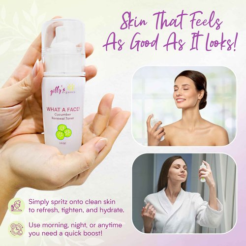 Made in USA Cucumber & Witch Hazel Toner Spray for Face – Gilly’s Organics Natural Astringent with Aloe & Tea Tree – Pore Minimizer, Acne Mist, Hydrating Primer & Moisturizer, 3 fl oz
