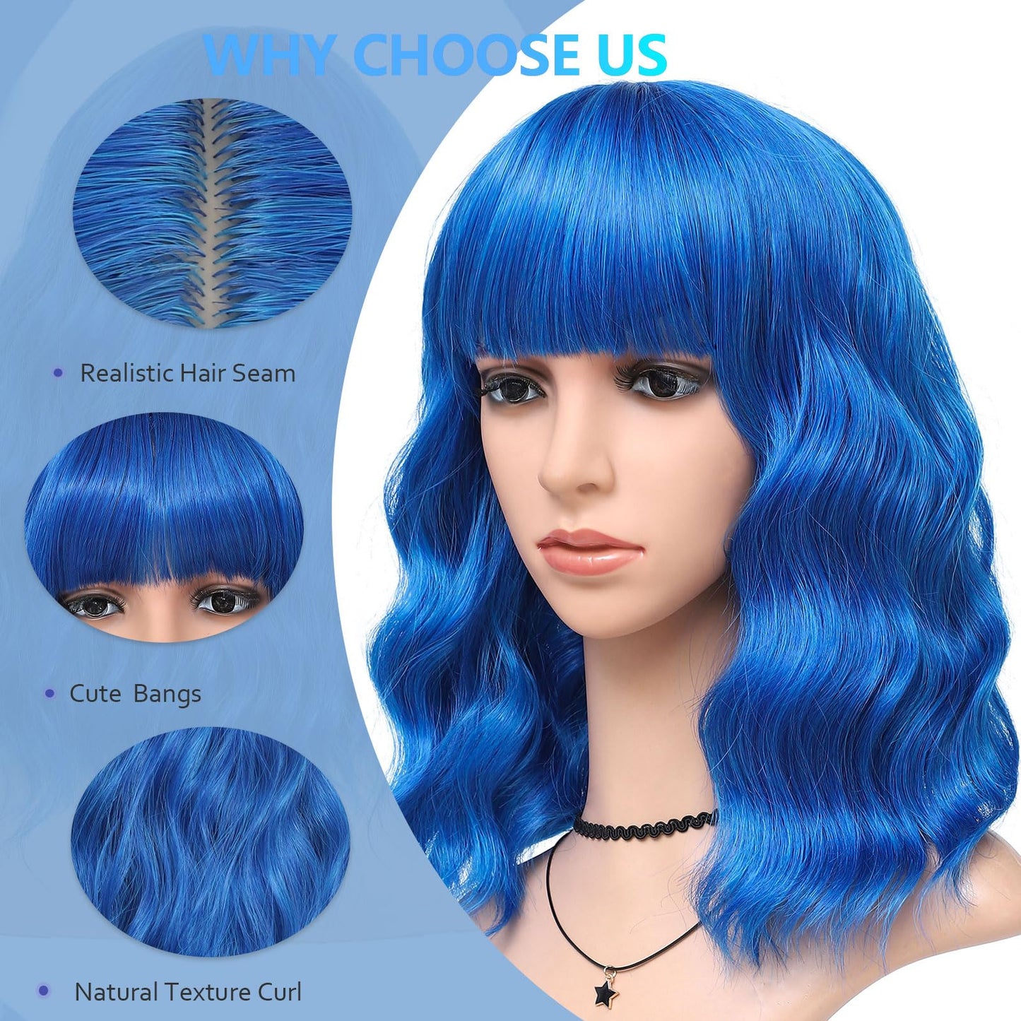 HAIRUP Blue Wig with Bangs for Women, Short Wavy Curly Royalblue Wigs 14 Inch Medium Length Colored Wig Party Cosplay Halloween Dark Blue Wigs