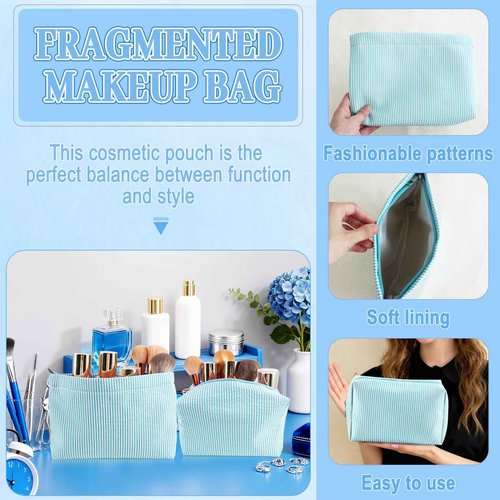 URSKYTOUS 2Pcs Makeup Bag Set for Women Large Small Striped Makeup Bags Cute Travel Toiletry Bags with Zipper Blue Cosmetic Bag Aesthetic Cosmetic Purse Pouch Skincare Brushes Storage Organizer