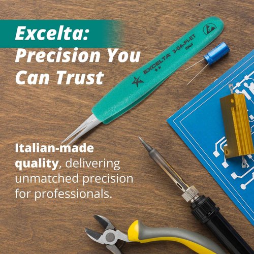Excelta Ergo-Tweeze 3-SA-PI-ET Precision Tweezers, Straight Very Fine Tip, ESD Safe TealShield Grips, Anti-Magnetic 316L Neverust Stainless Steel, 5.25" OAL for Electronics, Lab, Cleanroom, Forensics