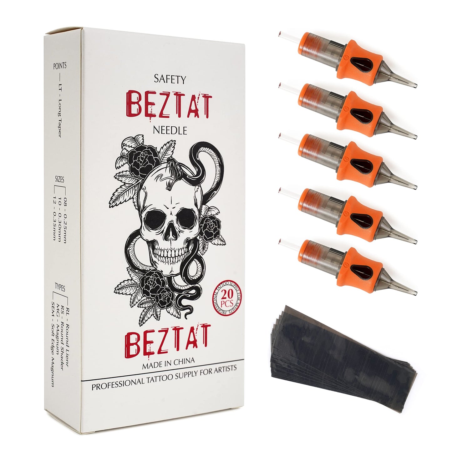 BEZTAT Ultra Premium Professional Tattoo Needles Cartridge w/Grip & Machine Covers Sleeves #08 Round Liner 20 Pack (0805RL)