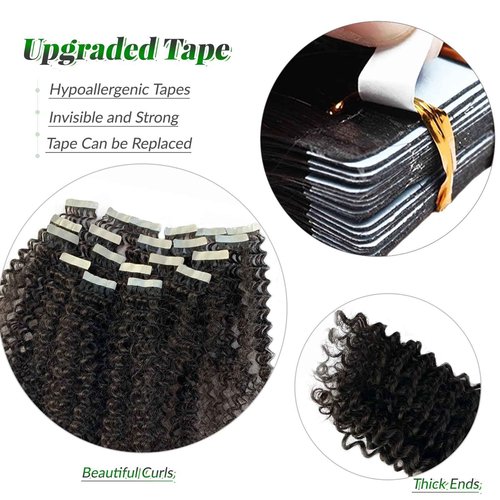 Curly Tape in Human Hair Extensions for Black Women, Kinky Curly Tape in Hair Extensions 50grams 20pcs Full Head Real Human Hair Kinky Tape ins Extensions 20 Inch Natural Black