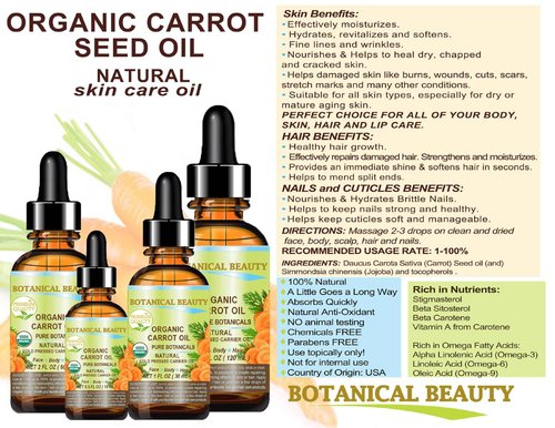 Botanical Beauty Organic CARROT SEED OIL 100% Pure VIRGIN UNREFINED Undiluted Cold Pressed Carrier Oil for Face, Skin, Body, Hair, Lip, Nails. Rich in Beta Carotene, Vitamin E (2 Fl Oz)
