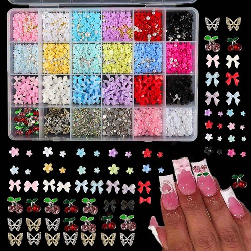 Rungang 3200PCS 3D Nail Charms Set – Bulk Bow Nail & Flower Nail Charm, Flatback Pearls, Shiny Nail Jewels Gems for DIY Nail Art Decoration with Pickup Tools