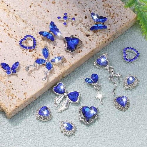 editTime 24pcs Silver Metal Alloy 3D Luxury Nail Rhinestones Kit Punk Y2K Star Moon Heart Love Butterfly Cross Crown Rhomboid Rhomboid Balloon Pendant Flat Back Nail Charms Decoration (blue-24pcs)