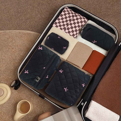 GISMTR 4Pcs Quilted Makeup Bag Set Cute Floral Cosmetic Bag Cotton Coquette Make up Bag Aesthetic Travel Toiletry Bag for Women Girls