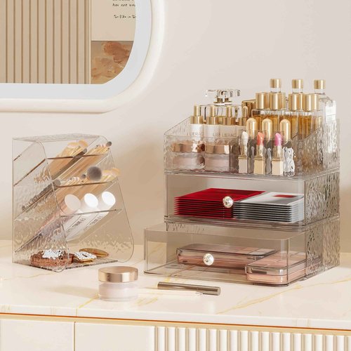 Awelov 3 Tier Makeup Organizer for Vanity with Brush Holder Countertop Organizer with 2 Drawers Clear Makeup Storage for Brushes, Lipsticks, Face Mask Skin Care Storage Solution for Women & Teens