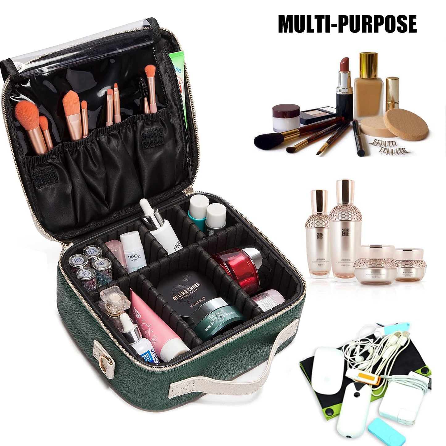 LACATTURA Travel Makeup bag, Leather Makeup Train Case Cosmetic Organizer for Makeup Brushes Toiletry Digital Accessories, Portable Artist Storage Bag With Shoulder Strap for Women lady Green