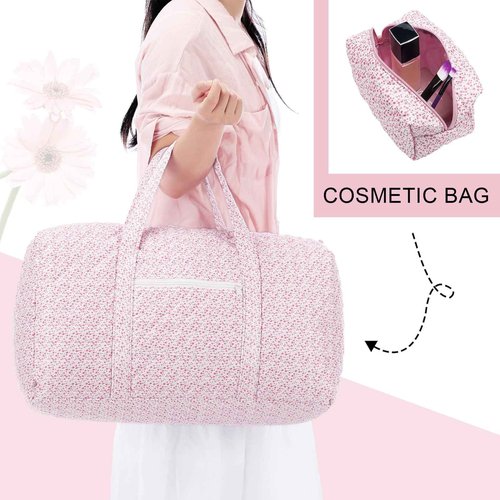 Bulyoou 2 Pack Floral Travel Duffel Bag Large Quilted Travel Duffle Bag and Pink Floral Makeup Pouch Portable Gym Lightweight Weekender Organizer with Zipper Pockets Grocery Pouch for Women
