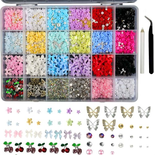 Rungang 3200PCS 3D Nail Charms Set – Bulk Bow Nail & Flower Nail Charm, Flatback Pearls, Shiny Nail Jewels Gems for DIY Nail Art Decoration with Pickup Tools