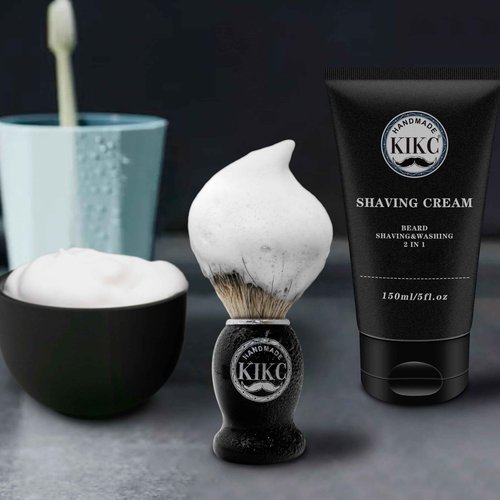 KIKC 5 in 1 Shaving Kit for Wet Shave, Set Includes Hand Crafted Pure Badger Shave Brush, Stainless Steel Lathering Soap Bowl, Shave Brush Stand, Shaving Cream, Best Gift for Bearded Man, Deluxe Black