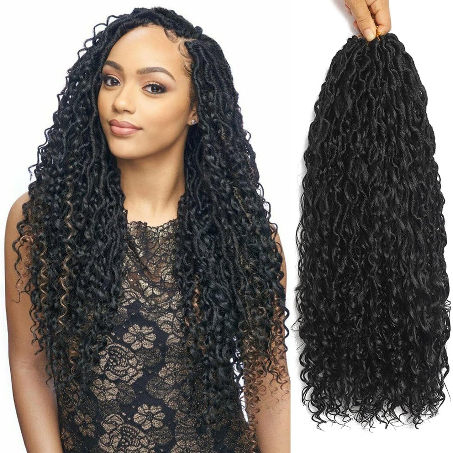 28 Inch Goddess Locs Crochet Hair 4Packs Boho Faux Locs Crochet Braids for Black Women, Pre Looped Hippie River Locs Crotchet Hair with Curly Ends (28inch (pack of 4), 1B)