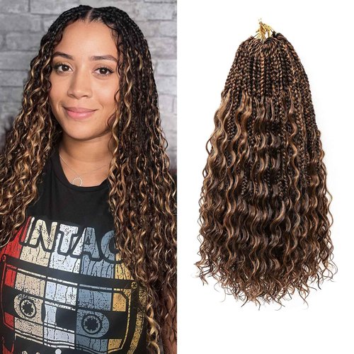 Eerya 8 Packs Boho Goddess Box Braids Crochet Hair for Black Women 16 inch Pre-looped Bohemian Crochet Box Braids With Curly Ends Synthetic Crochet Hair Extensions (16 inch, P4/30)